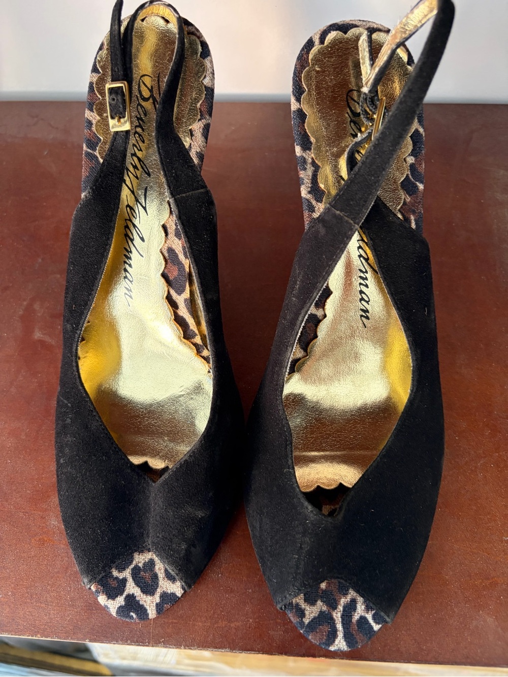 Beverly Feldman Black Suede Peep-Toe Slingbacks with Leopard Trim
